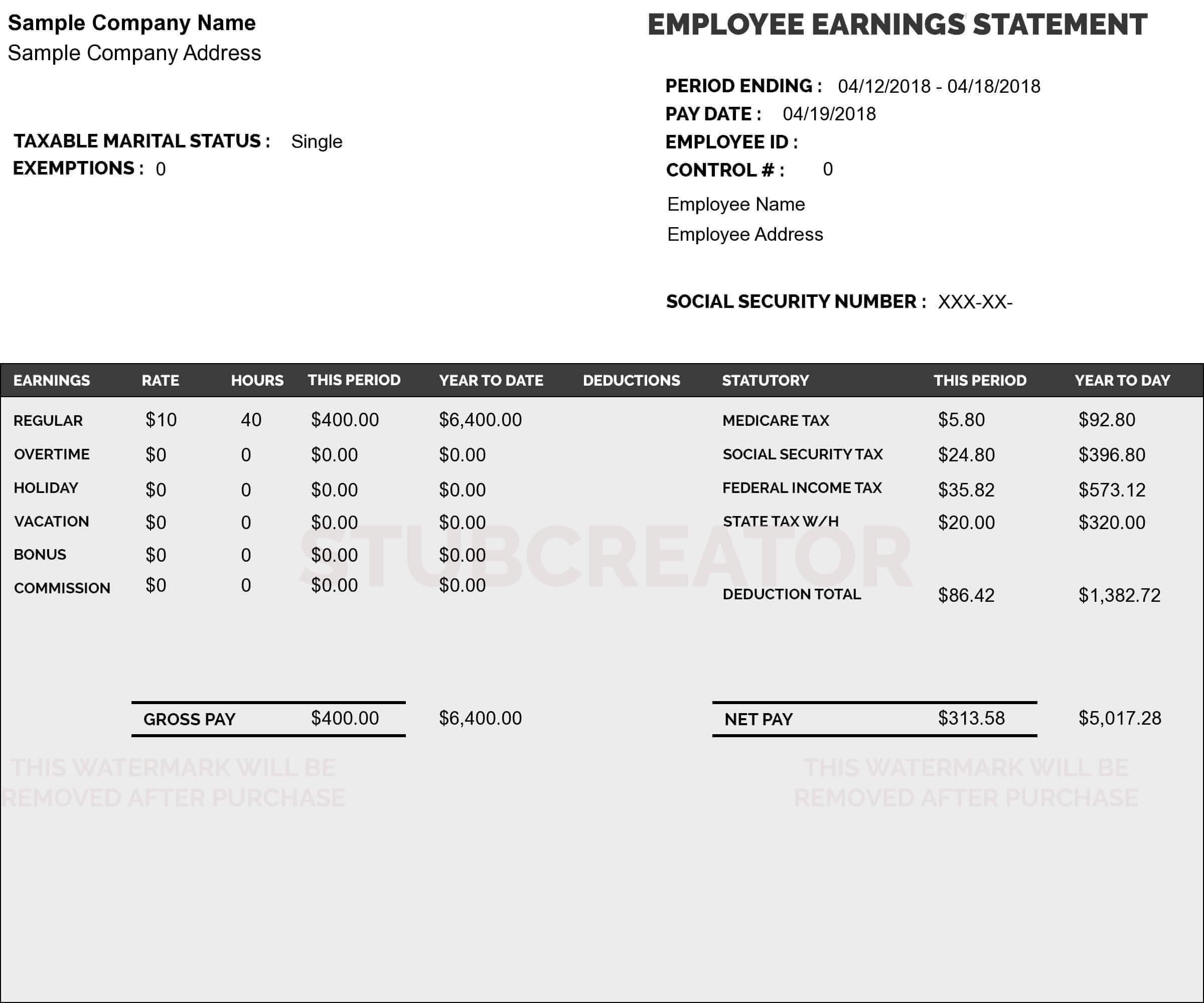 Free Pay Stub Template With Calculator No Watermark Download Sample
