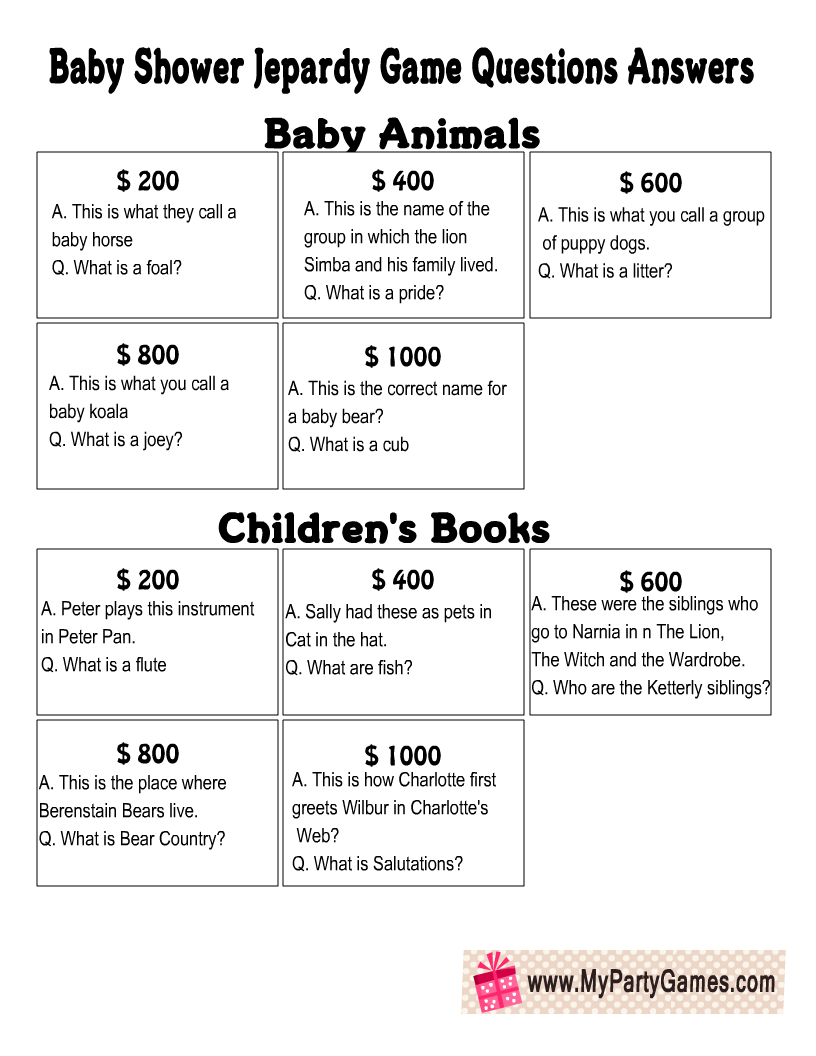 Free Printable Baby Shower Jeopardy Game