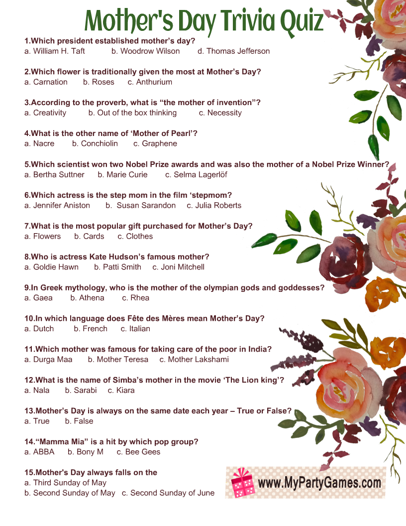 MotherS Day Quiz Printable Bible
