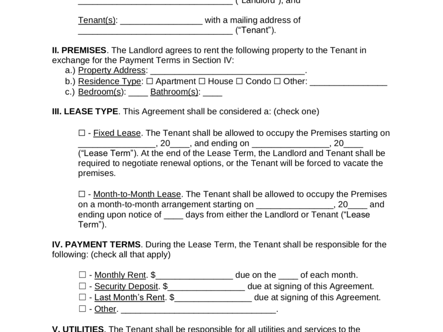 Free Simple 1 Page Lease Agreement Template Sample PDF Word EForms