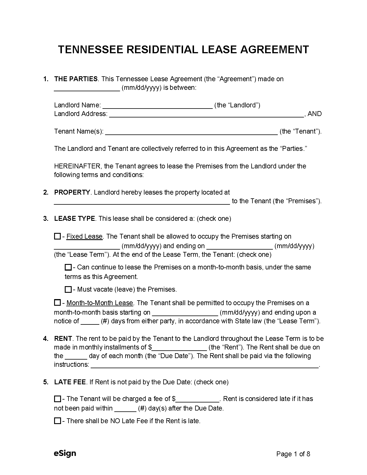 Free Tennessee Rental Lease Agreement Templates 6 PDF Word