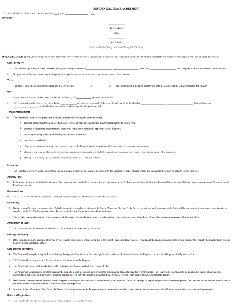 Free Tennessee Rental Lease Legal Agreement Forms Forms Legal