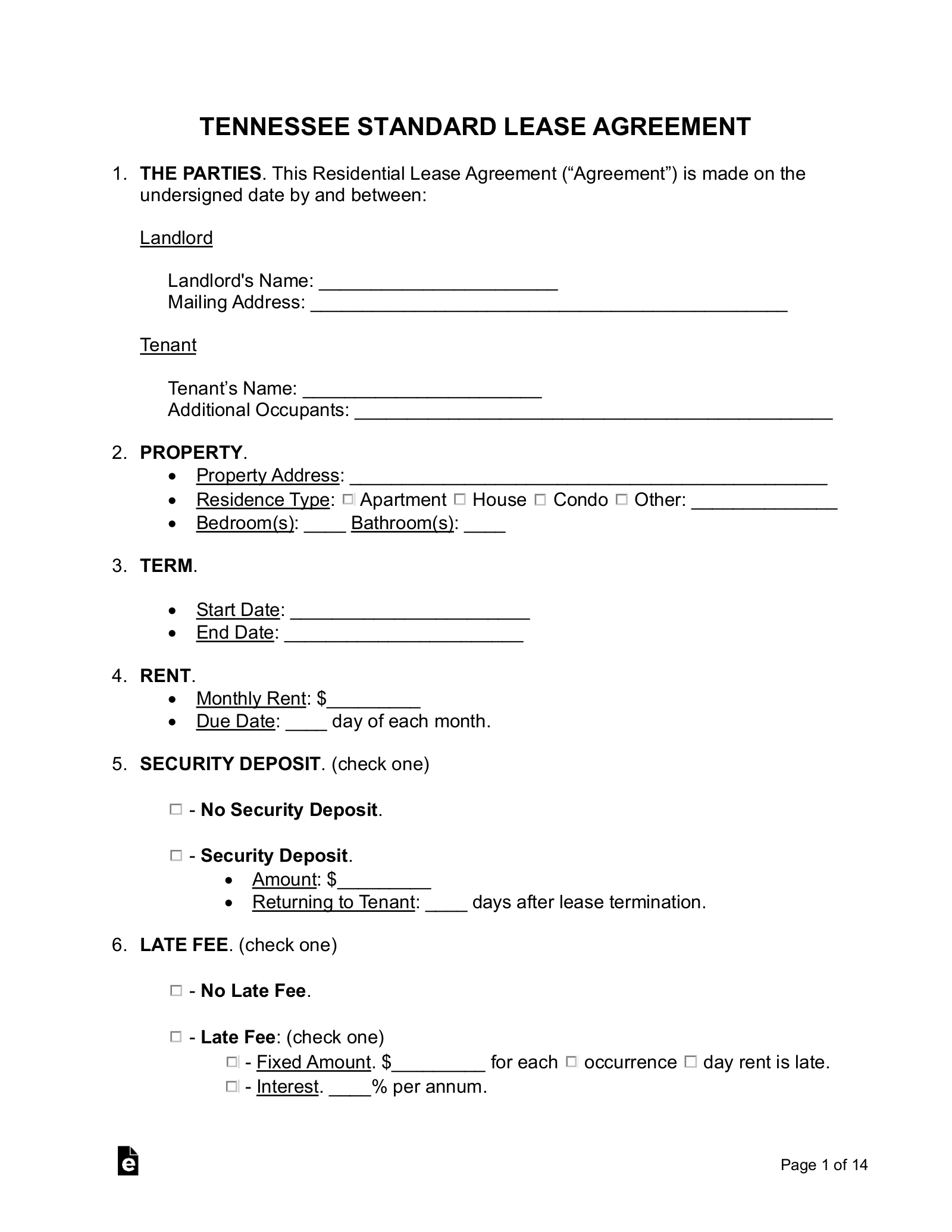 Free Tennessee Standard Residential Lease Agreement Template PDF Word EForms