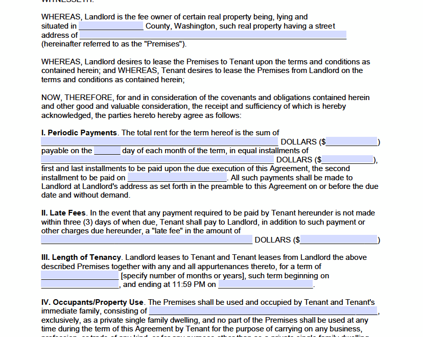 Free Washington Rental Lease Agreement Templates PDF Word