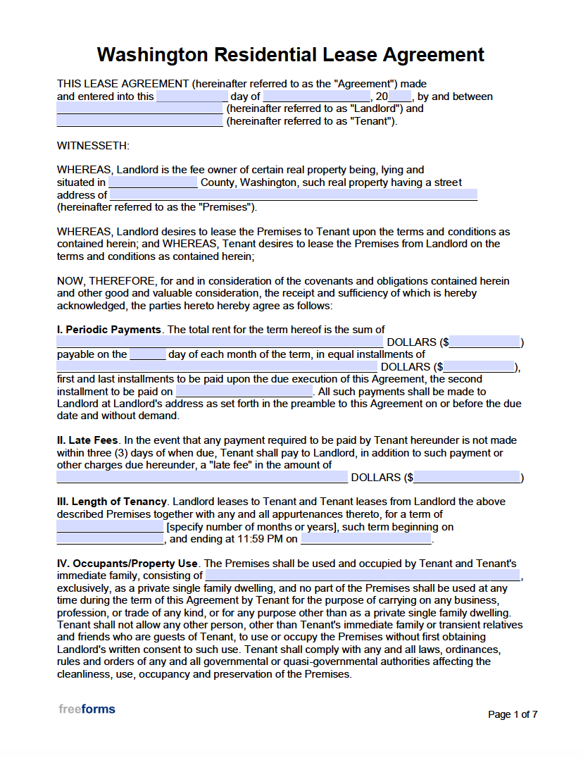 Free Washington Rental Lease Agreement Templates PDF Word