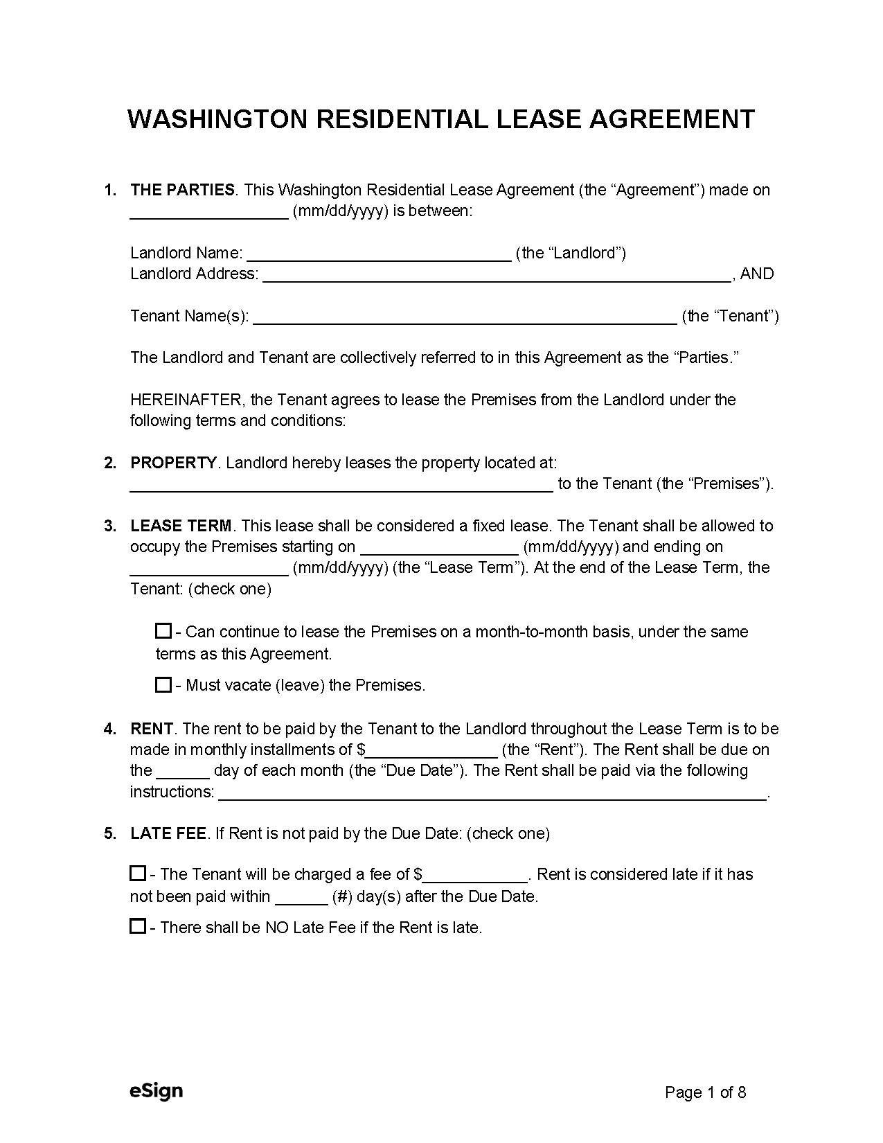 Free Washington Standard Residential Lease Agreement PDF