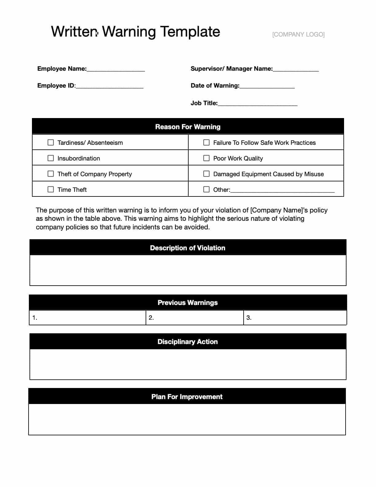 Free Written Warning Templates Download Print In PDF Office Or GDocs 