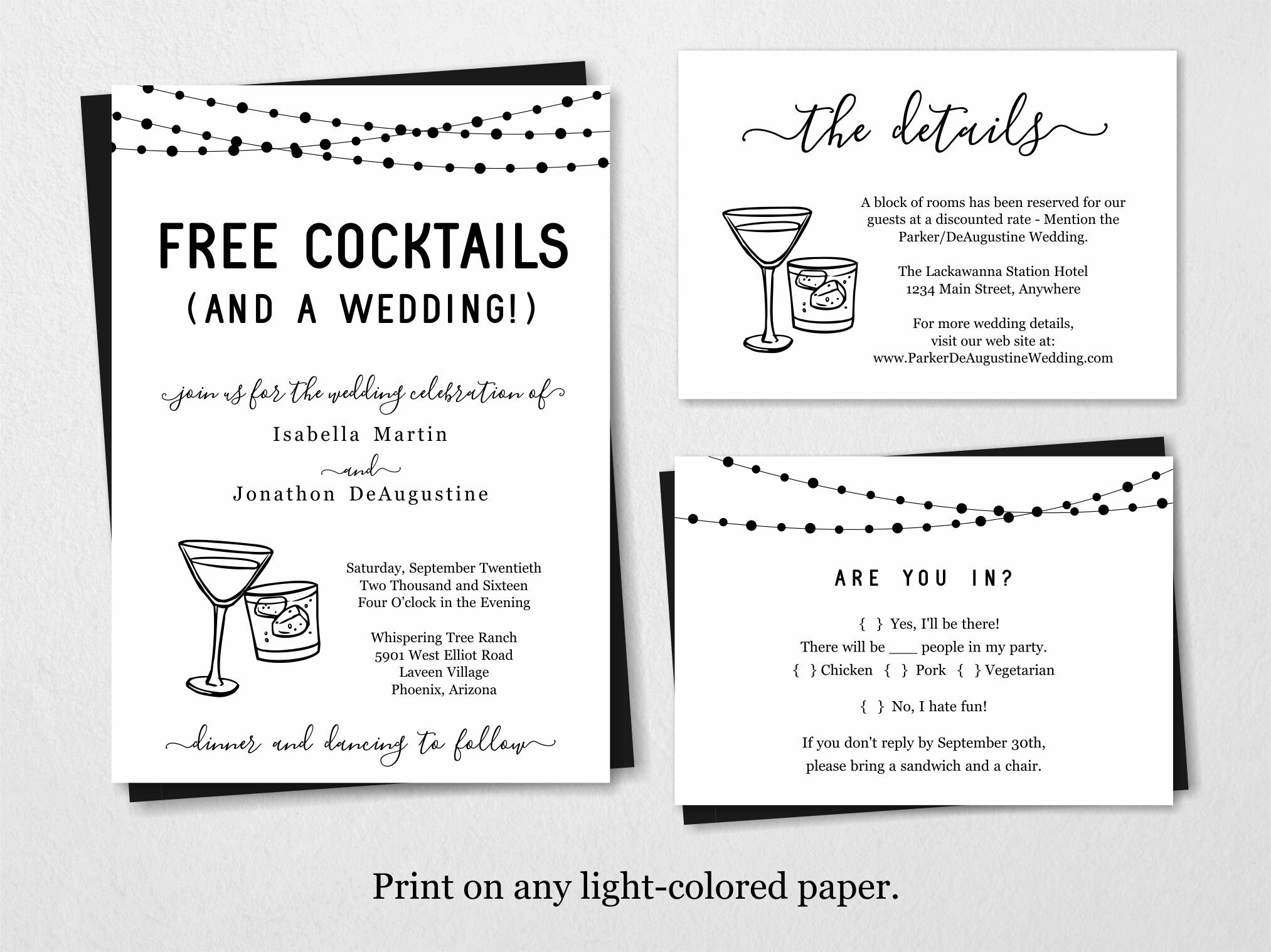 Funny Wedding Invitation Template Free Cocktail Drink Alcohol Fun Printable Set Rustic Kraft Paper Instant Download PDF Suite Lights