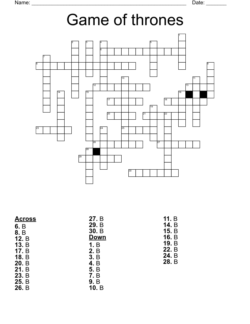 Game Of Thrones Crossword WordMint