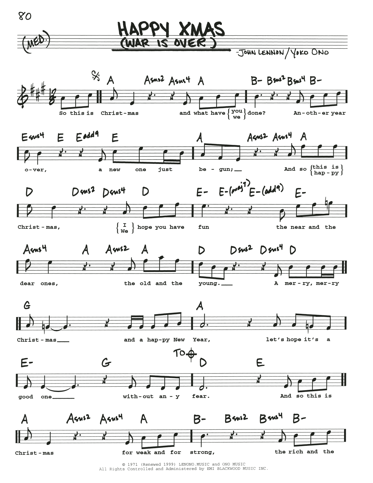 Happy Xmas War Is Over By John Lennon Sheet Music For Real Book Melody Lyrics Chords At Sheet Music Direct