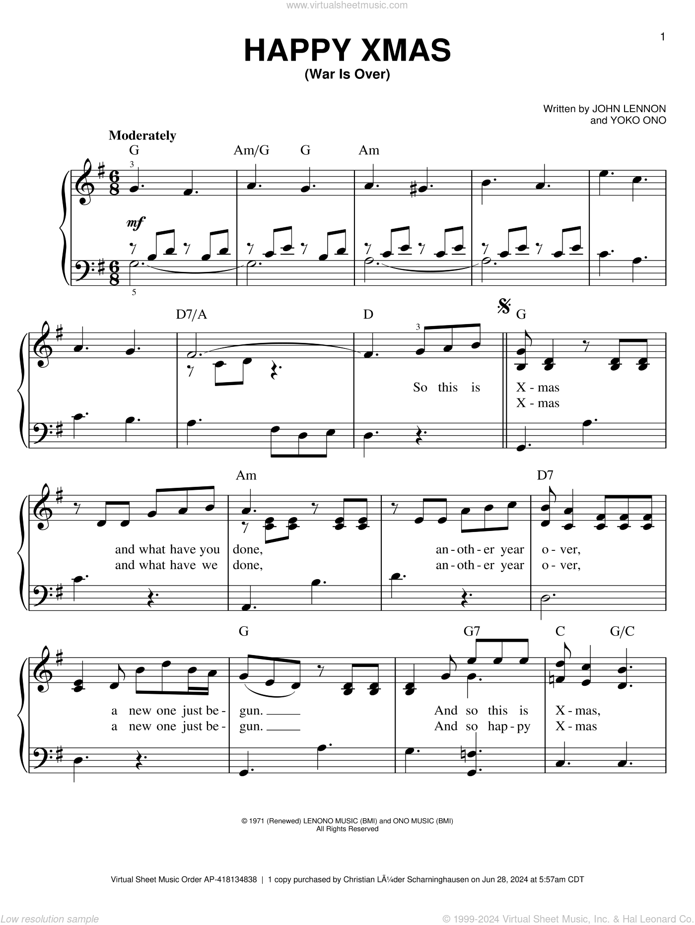 Happy Xmas War Is Over easy Sheet Music For Piano Solo PDF 