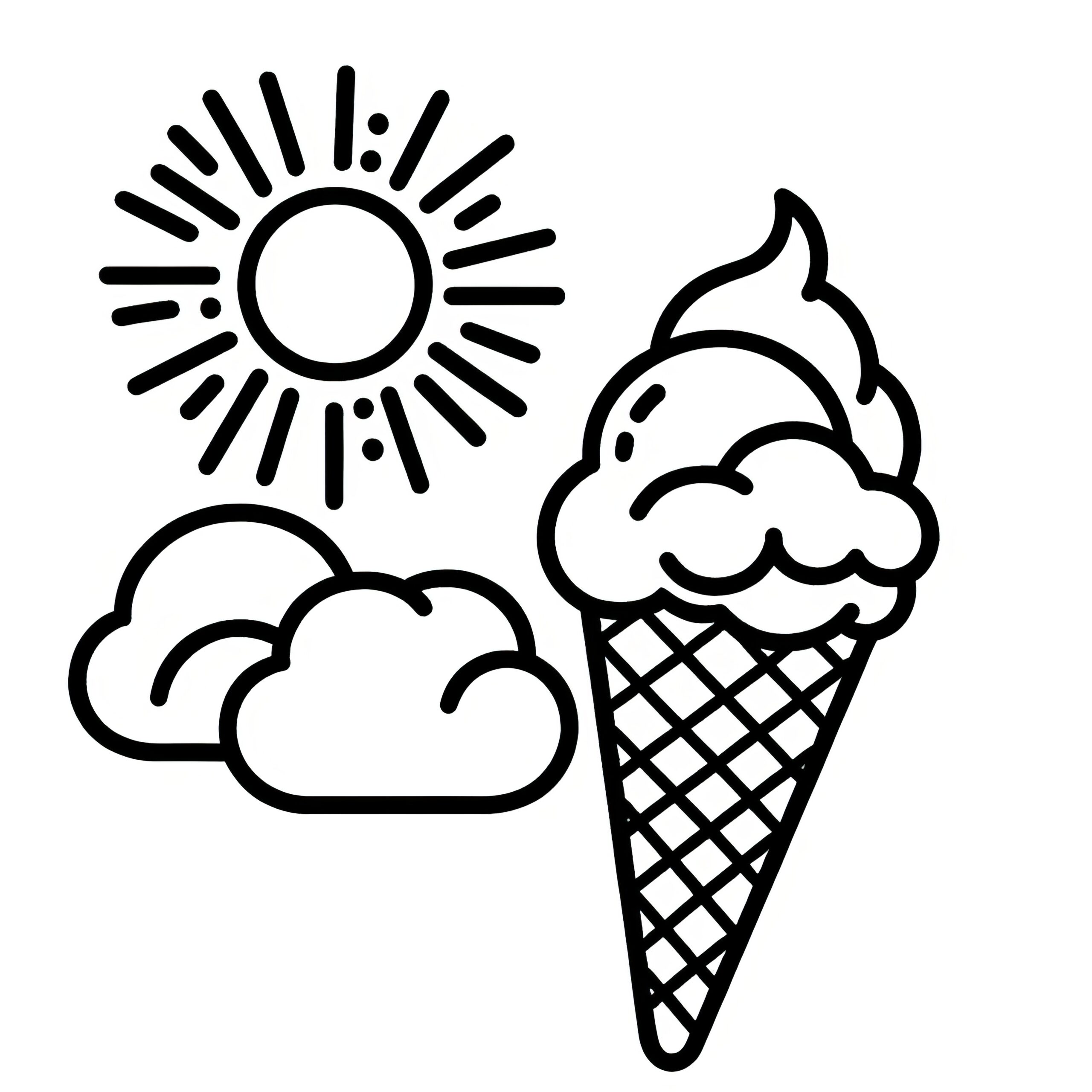 Ice Cream In A Cone With Sun And Clouds Coloring Page For Free