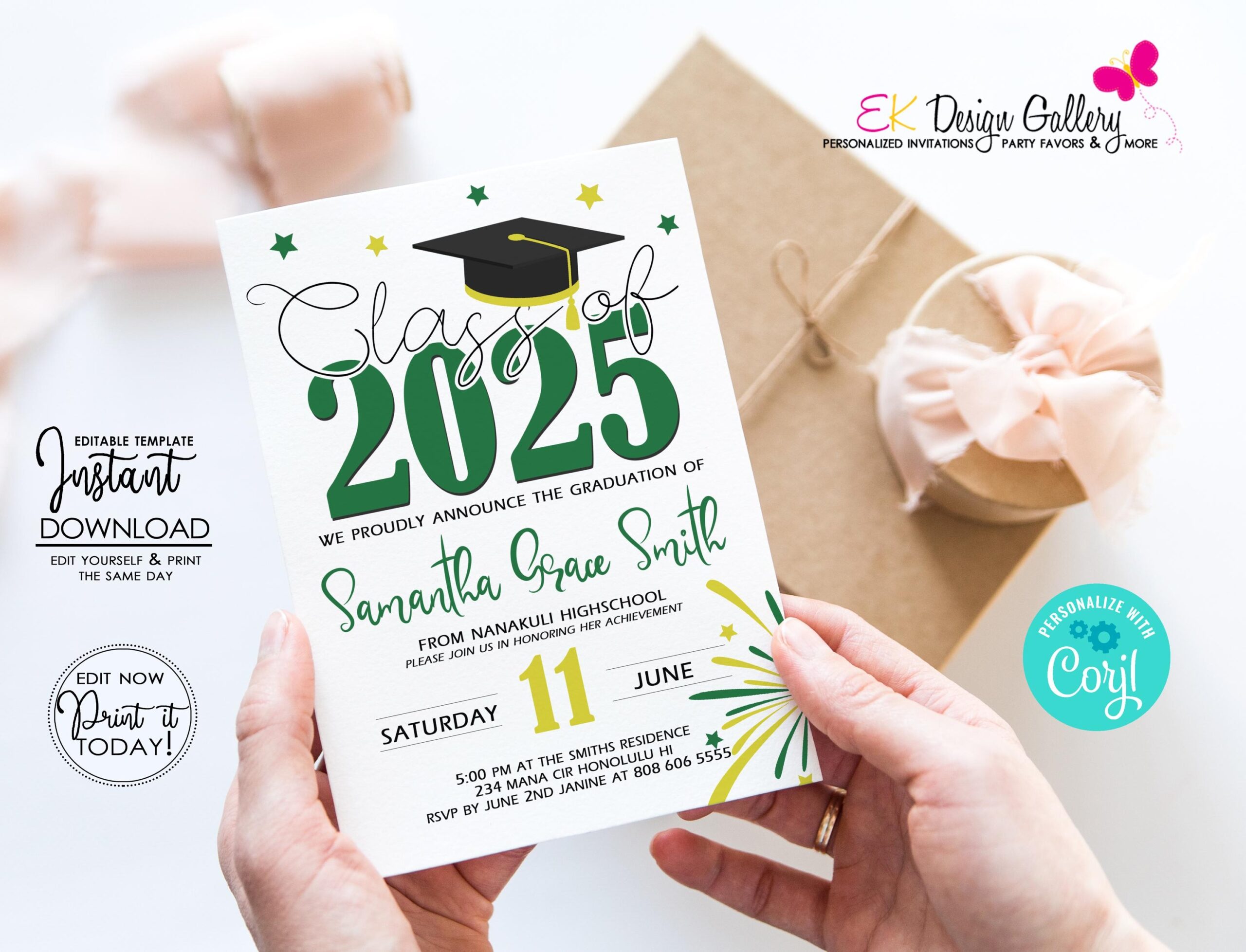 INSTANT DOWNLOAD Graduation 2025 Invitation Green Yellow Invite Graduation Party Invitation Class Of 2025 Party Corjl EDITABLE Template Etsy Canada