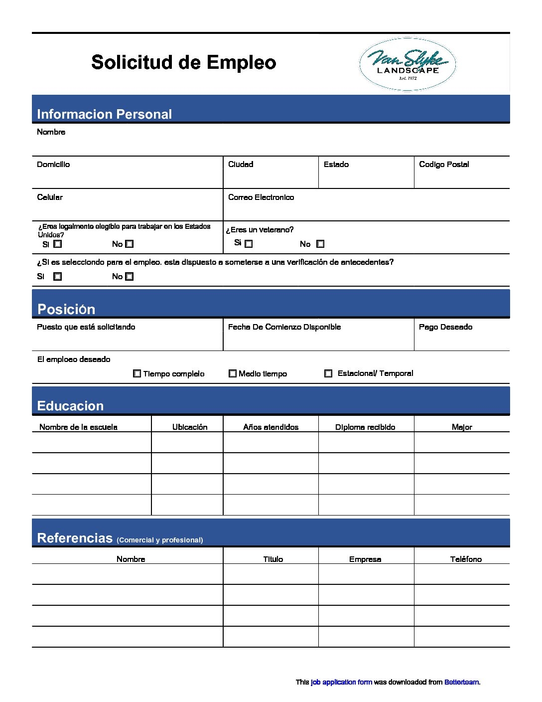 Job application form spanish Van Slyke Landscape Inc Design Construction And Maintenance Rancho Santa Fe Encinitas