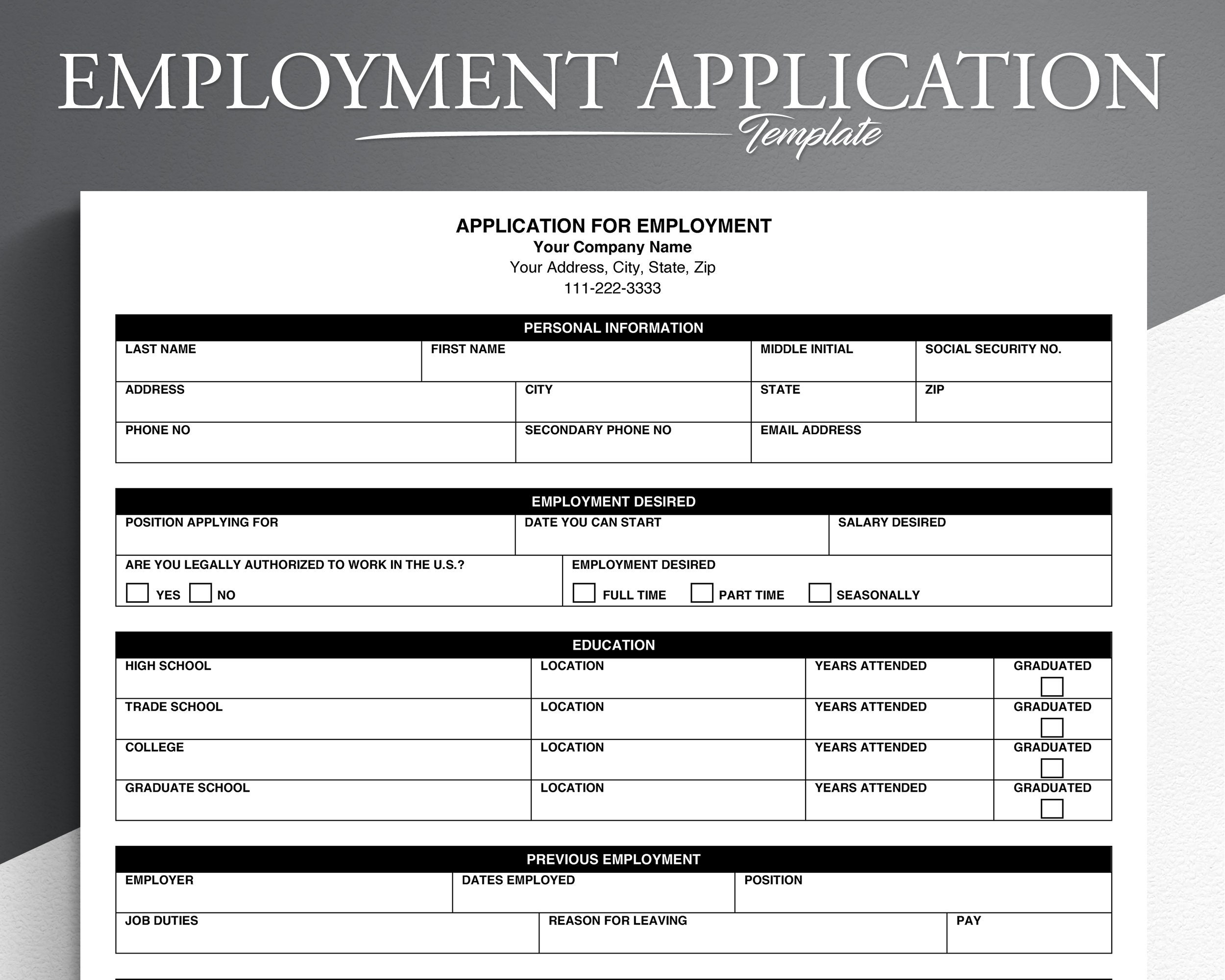 Job Application Pdf google Docs microsoft Word Employee Application Application For Employment Etsy UK