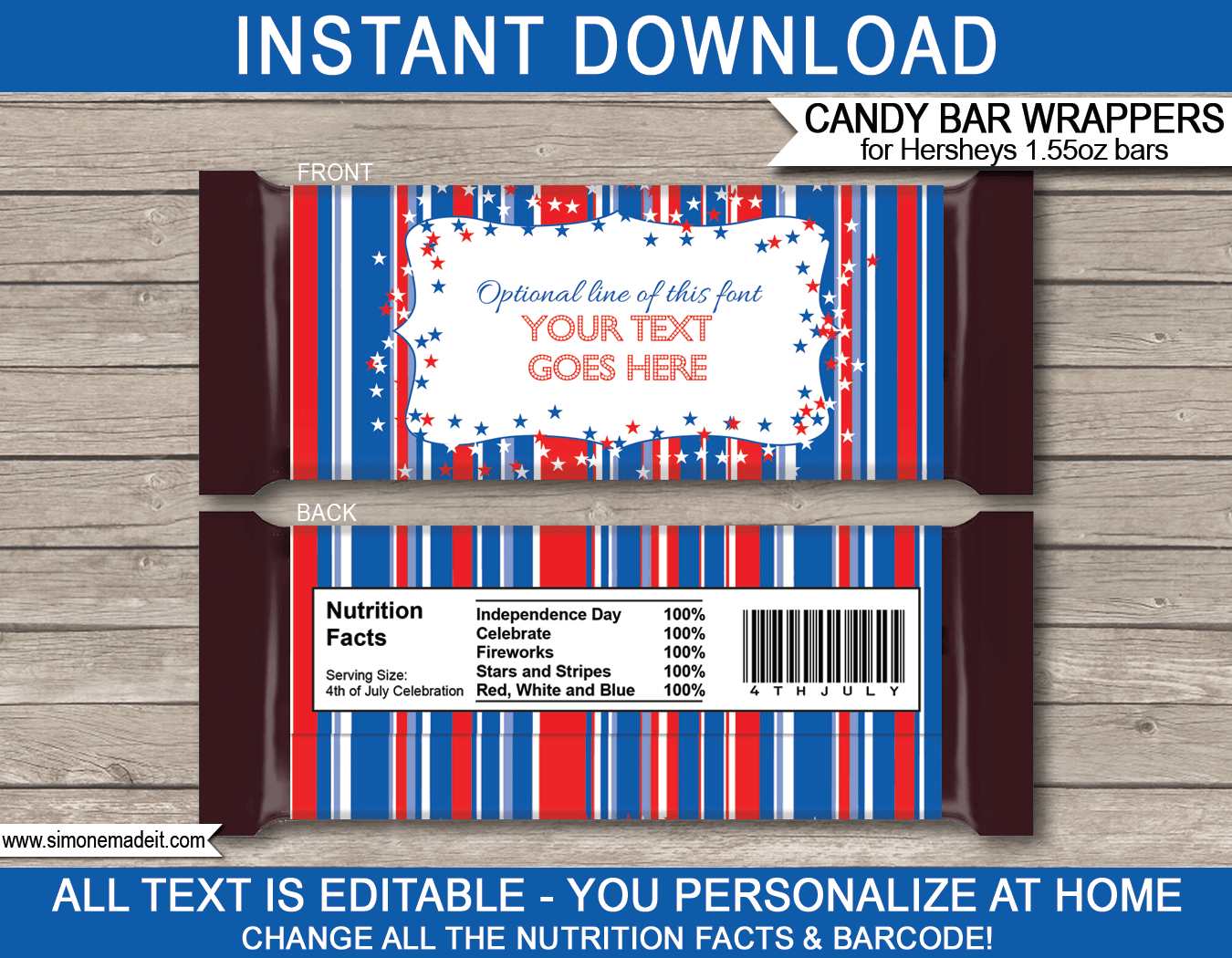 July 4th Hershey Candy Bar Wrappers Personalized Candy Bars