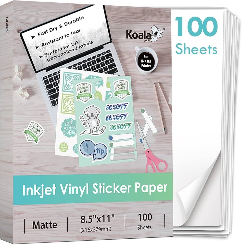 Koala Printable Vinyl Sticker Paper For Inkjet Printers 100 Sheets Sticker Printer Paper Matte White Waterproof Sticker Paper 8 5 X 11 Works With Cutting Machine Amazon de Stationery Office Supplies
