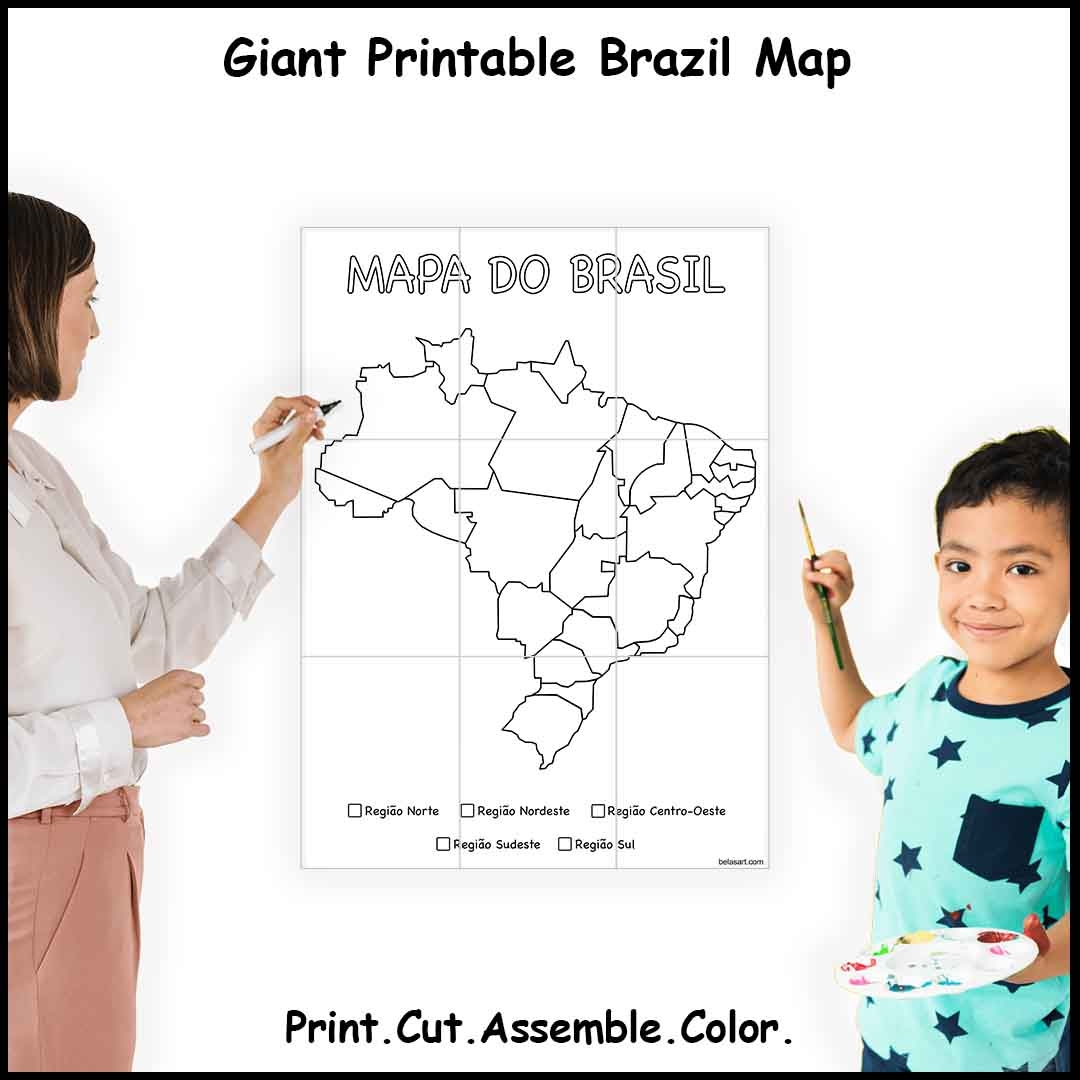 Large Printable Brazil Map In Portuguese 4 9 Or 16 Sheets Of Paper