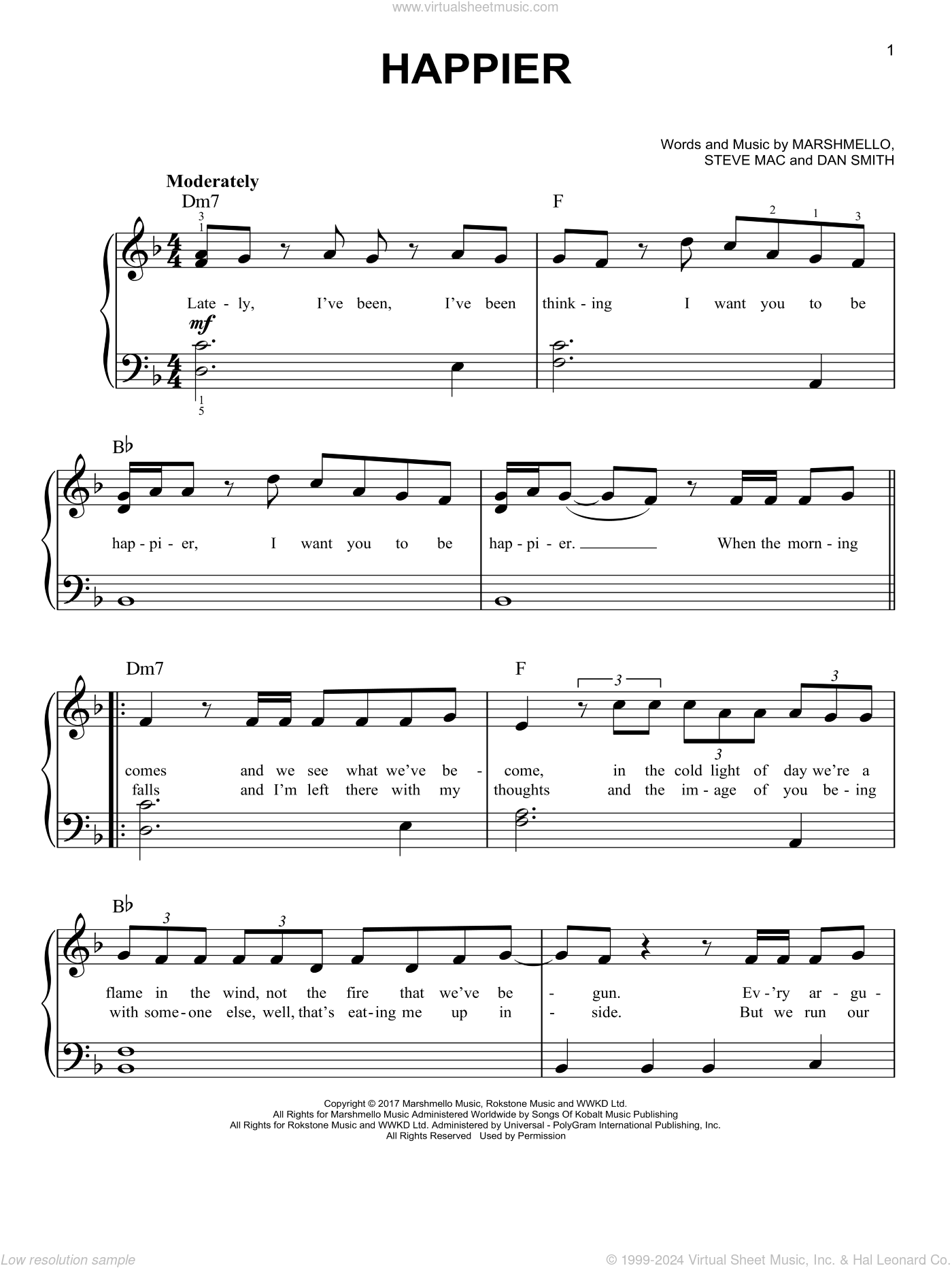 Marshmello Bastille Happier easy Sheet Music For Piano Solo