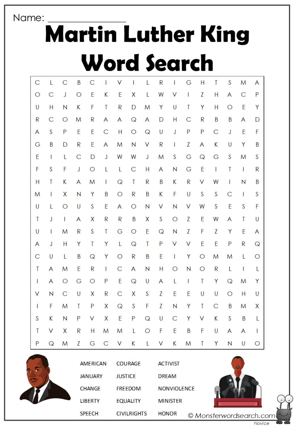 Martin Luther King Word Search Monster Word Search