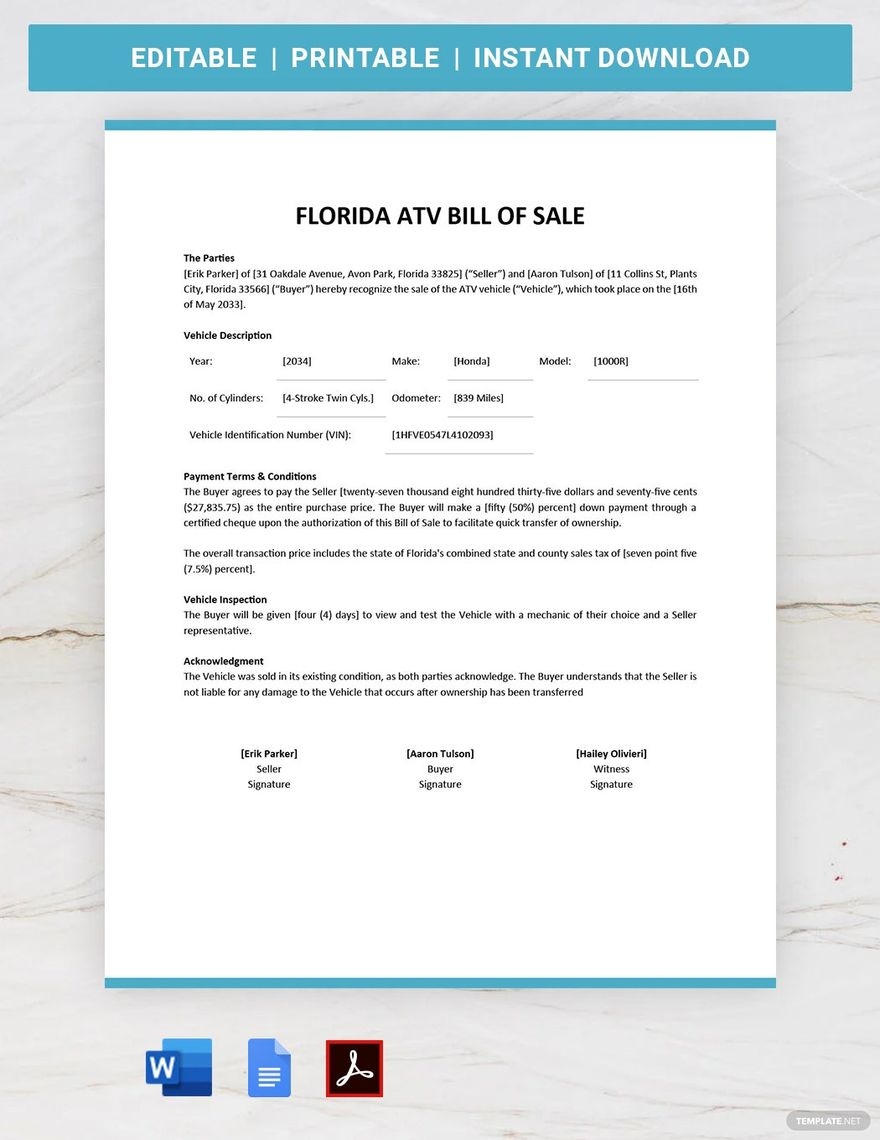 Printable Florida Bill Of Sale For Utv
