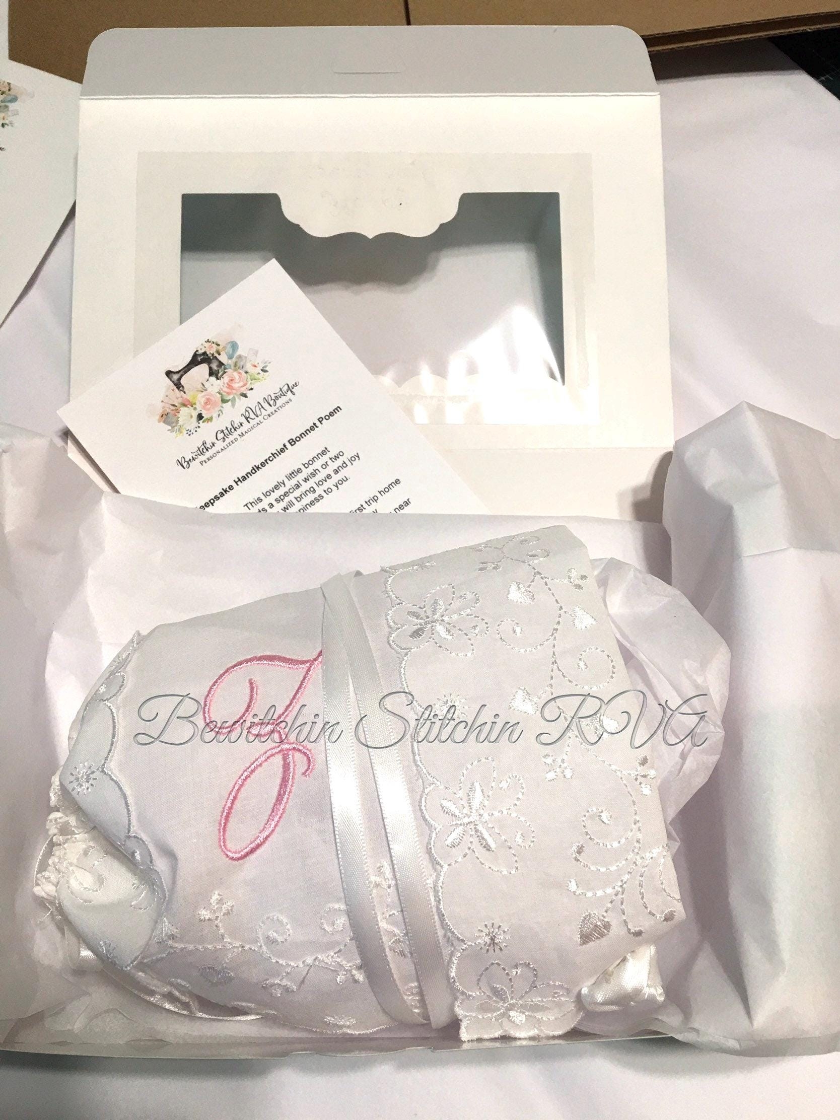 Monogrammed Handkerchief Baby Bonnet With Poem Magic Baby Bonnet Christening Bonnet Keepsake Handkerchief Bonnet With Box Handmade Etsy