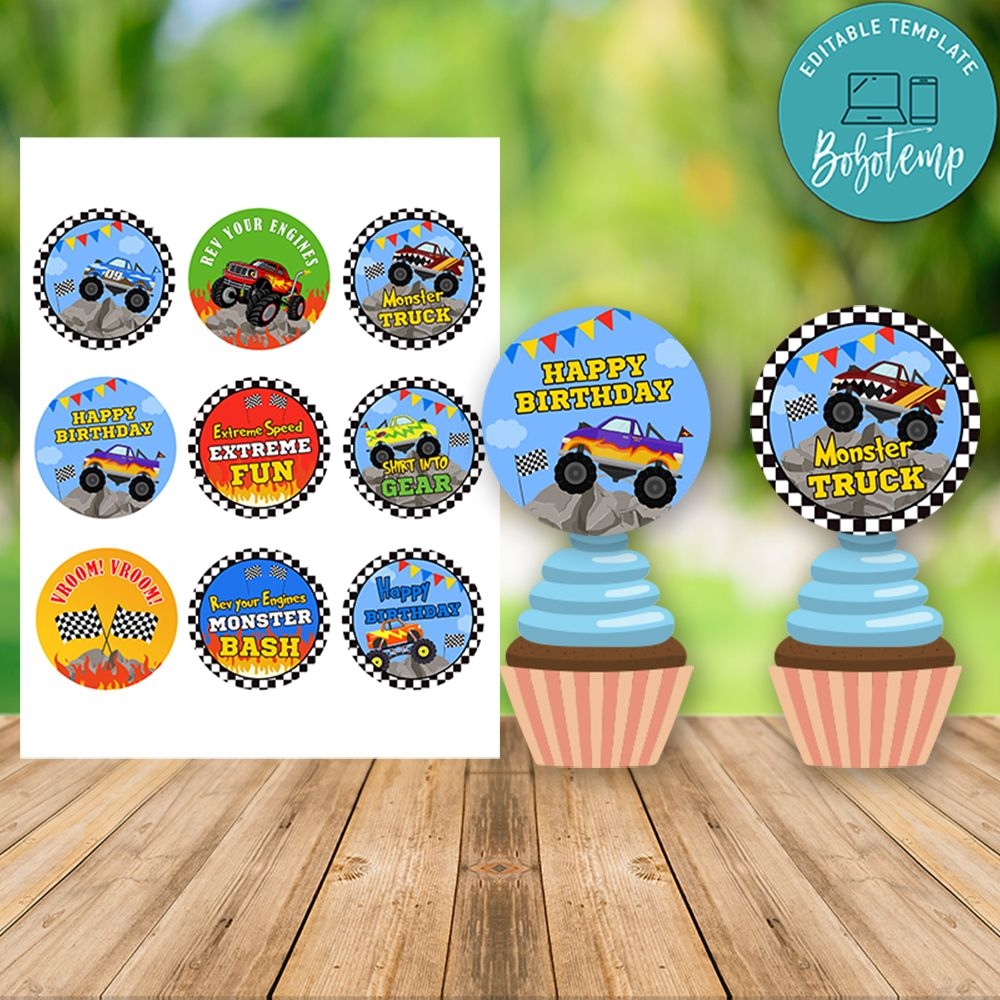 Monster Truck Birthday Cupcake Topper Digital File Printable Bobotemp