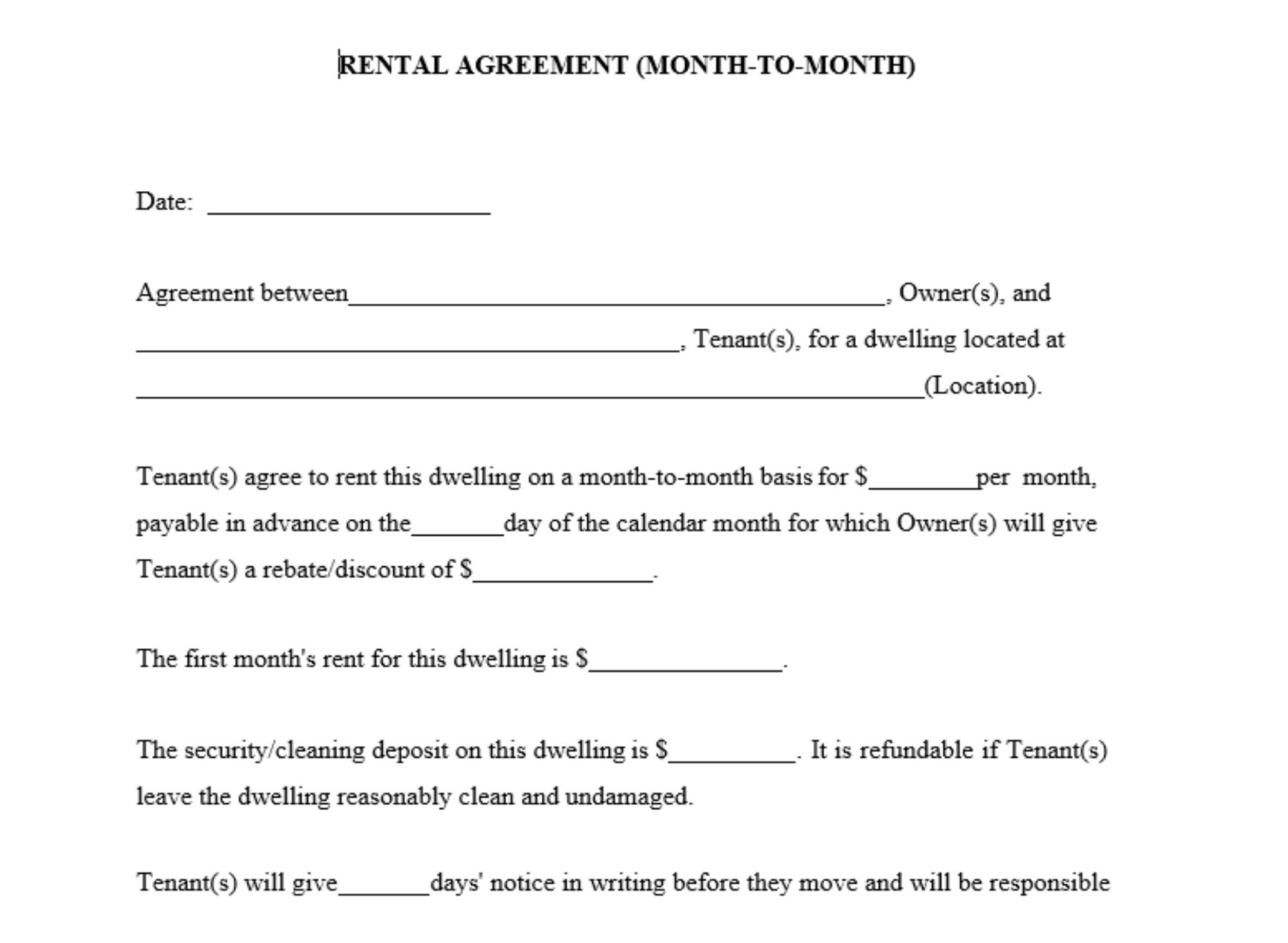 Printable Month To Month Rental Agreement