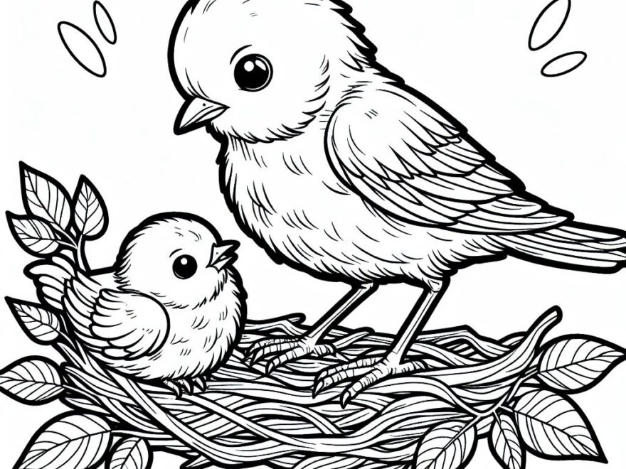 Mother Bird With Baby Bird On A Tree With Leaves Coloring Page