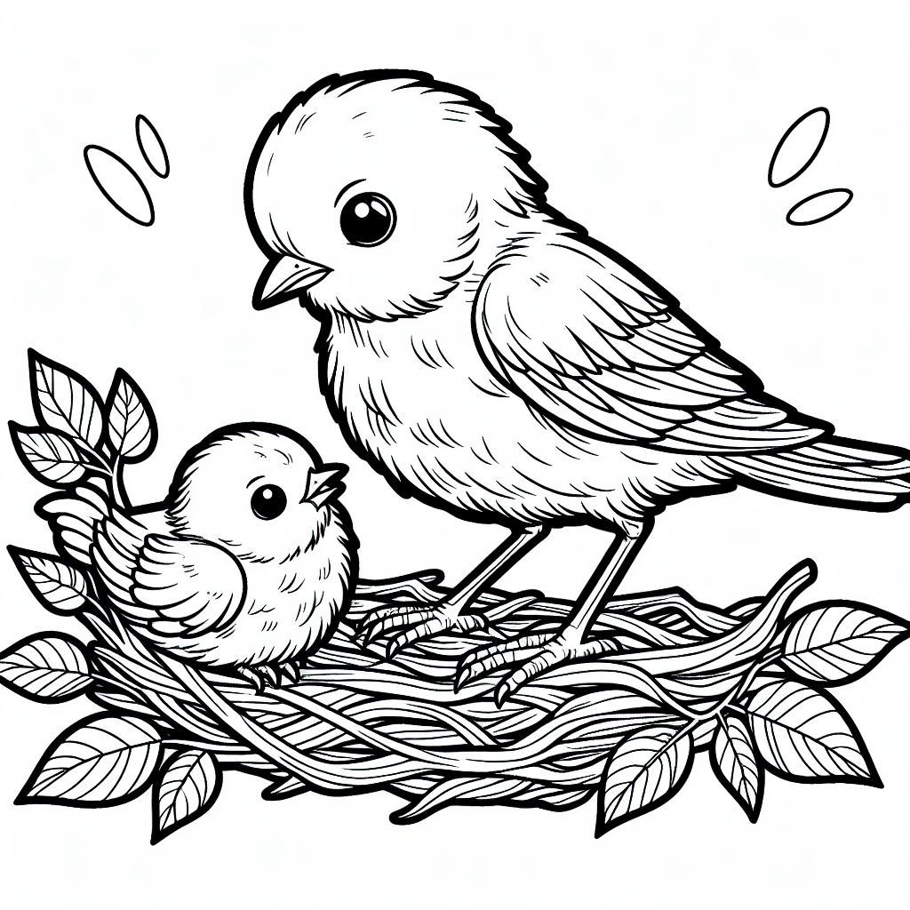 Mother Bird With Baby Bird On A Tree With Leaves Coloring Page