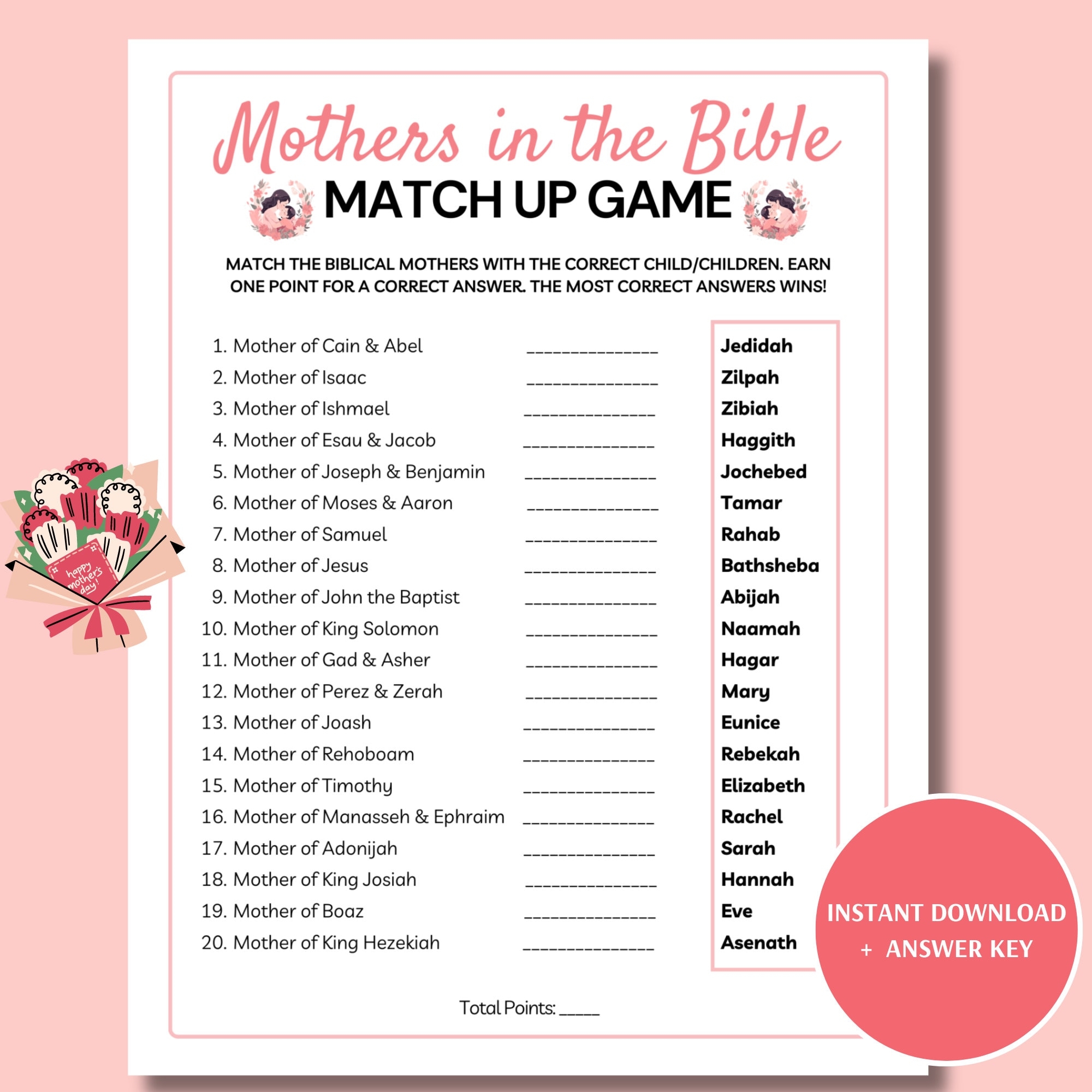 Mothers In The Bible Mother s Day Match Up Game Printable Mother s Day Trivia Christian Mother s Day Game Etsy