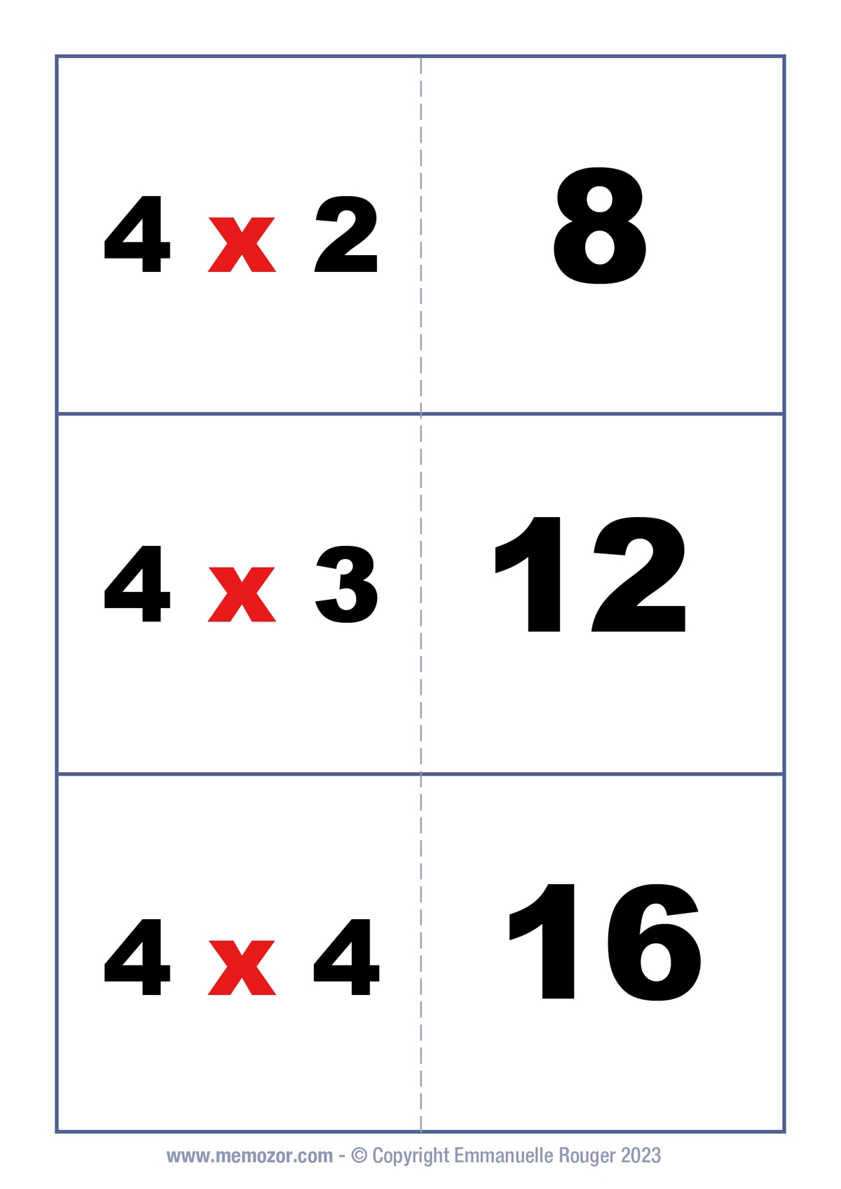 Multiplication Flash Cards 4 Times Table Free Memozor