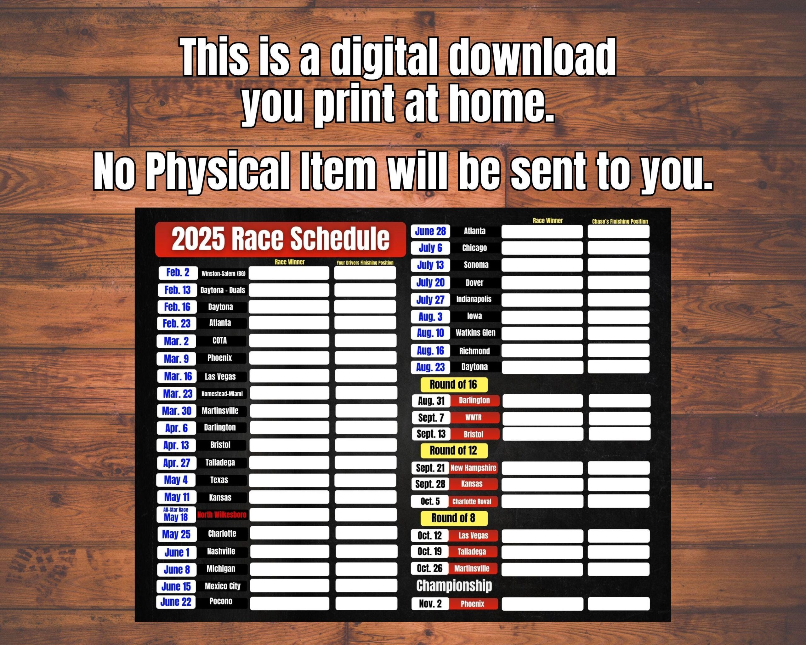 Nascar Cup Schedule 2025 Nascar Schedule Fill In The Blank Schedule PDF Printable Race Schedule Etsy