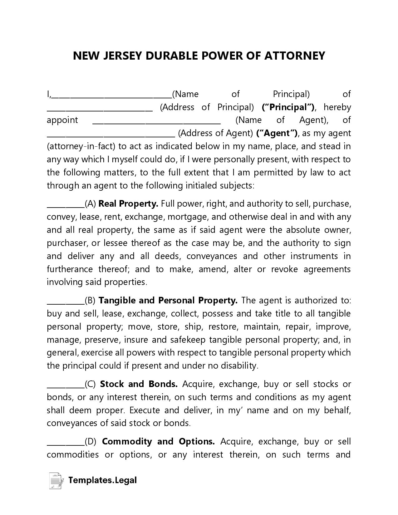 New Jersey Power Of Attorney Templates Free Word PDF ODT 
