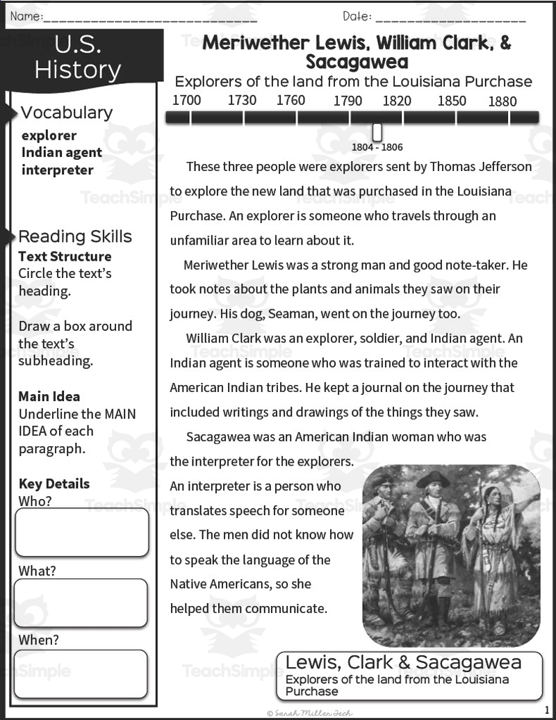 Nonfiction Reading Packet Lewis Clark Sacagawea By Teach Simple
