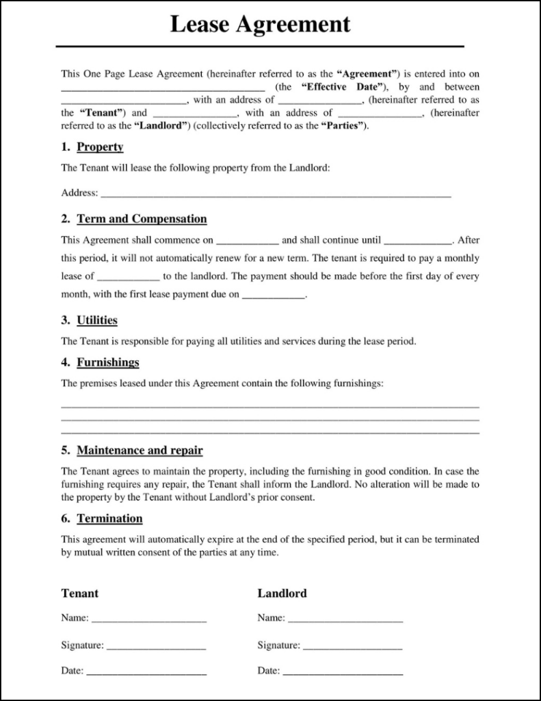 One Page Lease Agreement Free Rental Contract Template Worksheets Library