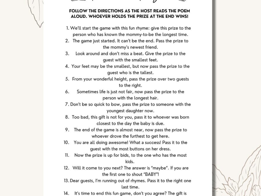 Pass The Prize Poem Game Printable Baby Shower Games Minimalist DIY Printable Instant Download PDF Etsy Canada