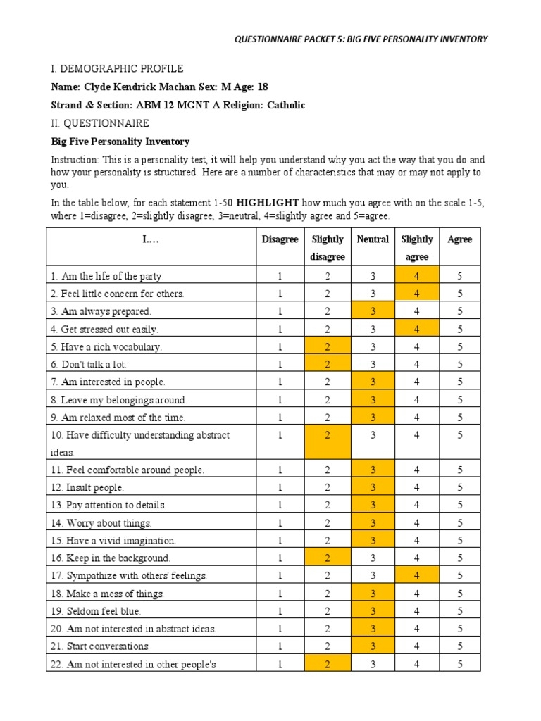 PERDEV Big Five Personality Inventory Response PDF Behavioural Worksheets Library