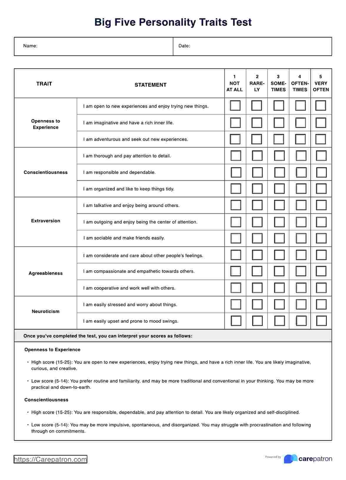 Printable Big 5 Personality Test