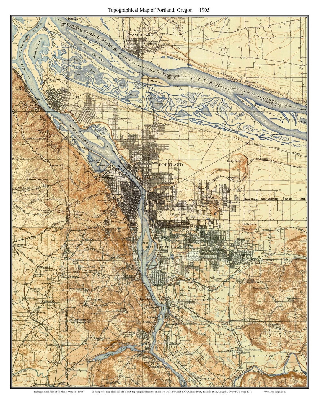 Portland 1905 Old Topographic Map USGS Custom Composite Reprint Oregon Etsy UK