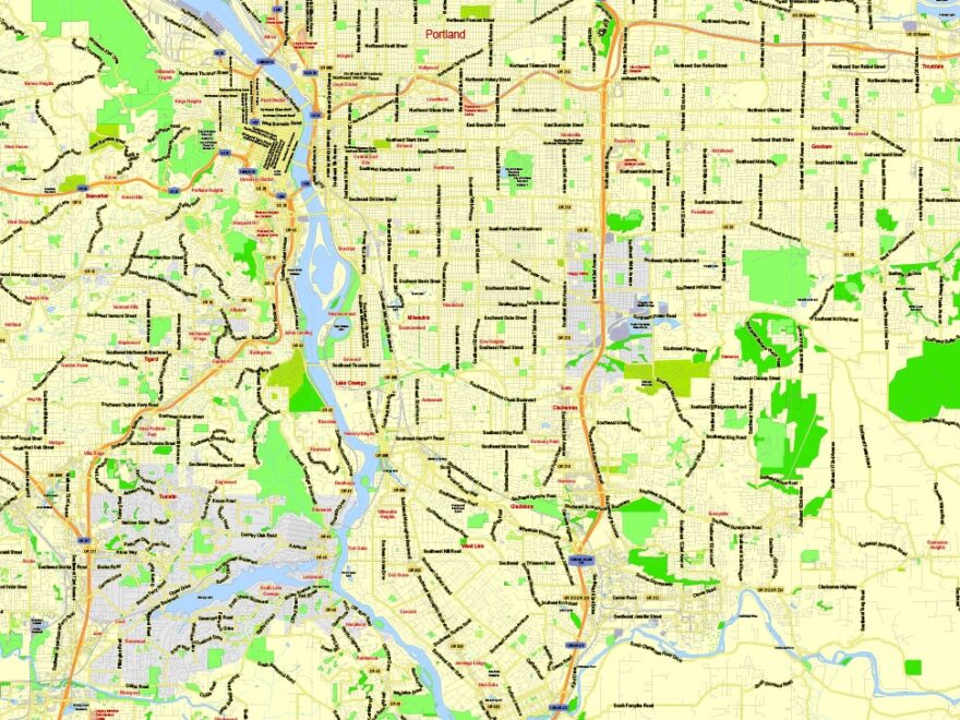 Portland Map Oregon Vancouver WA Printable Exact Vector City Plan 2000 Meters Scale Fully Editable Adobe Illustrator Maps In Vector Detailed Street Maps Illustrator PDF CorelDRAW EPS DWG DXF