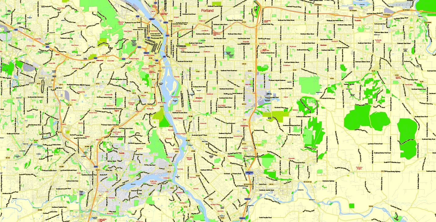 Portland Map Oregon Vancouver WA Printable Exact Vector City Plan 2000 Meters Scale Fully Editable Adobe Illustrator Maps In Vector Detailed Street Maps Illustrator PDF CorelDRAW EPS DWG DXF