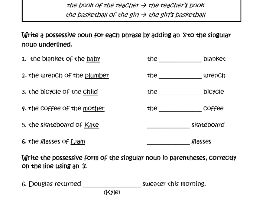 Possessive Nouns Worksheets Writing Singular Possessive Nouns Worksheets