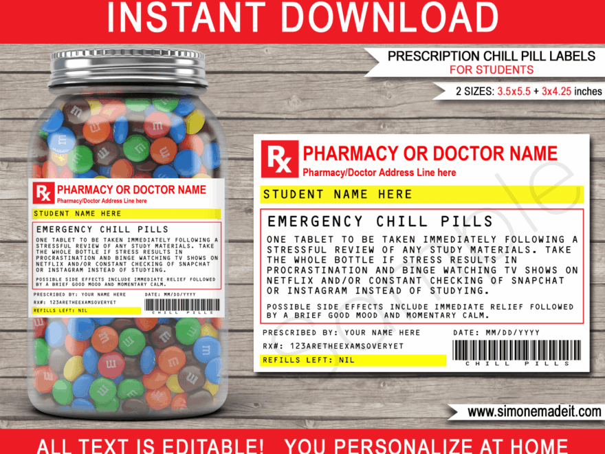 Prescription Student Chill Pills Label Template Printable Funny Gag Gift