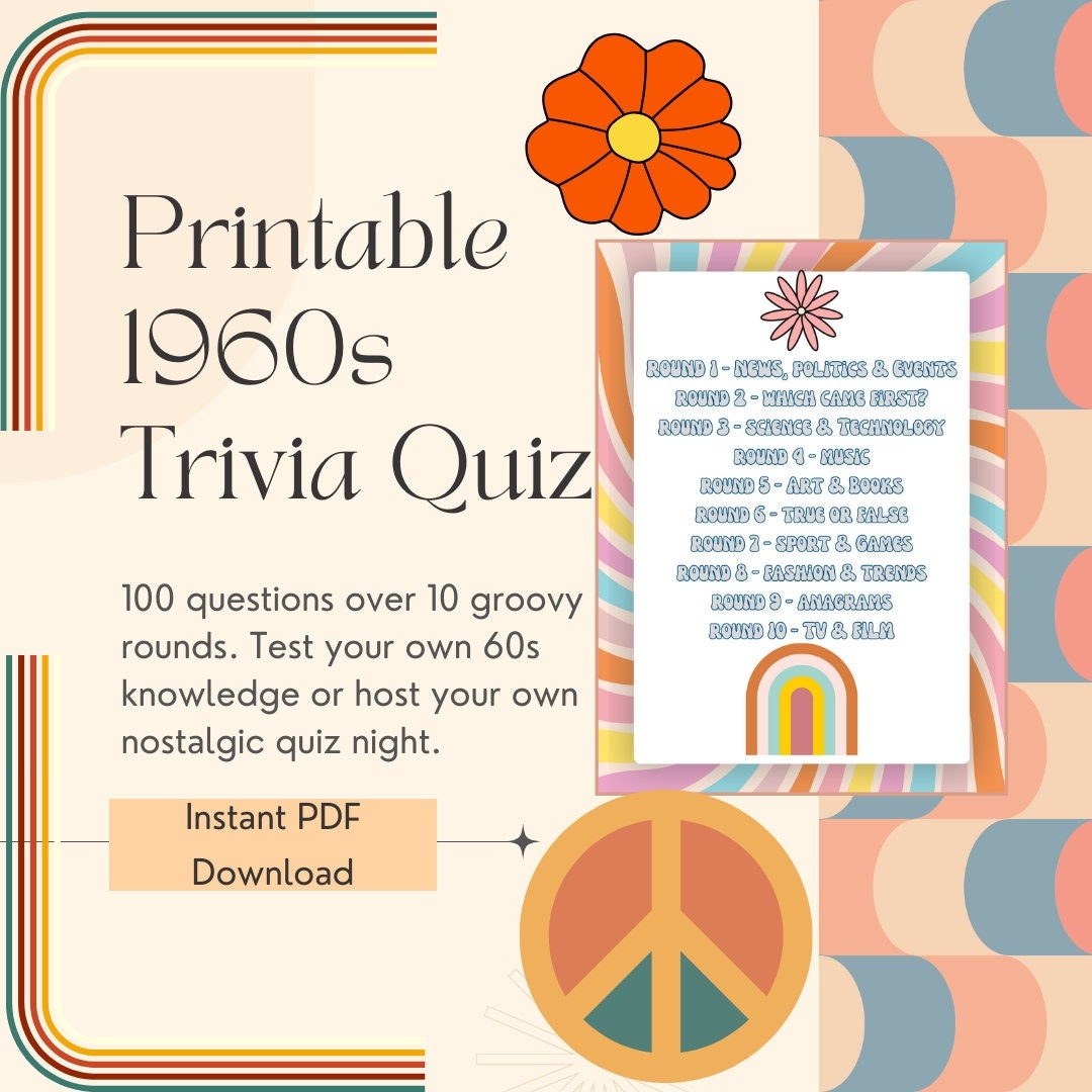 Printable 1960s Trivia Quiz 100 Questions Etsy