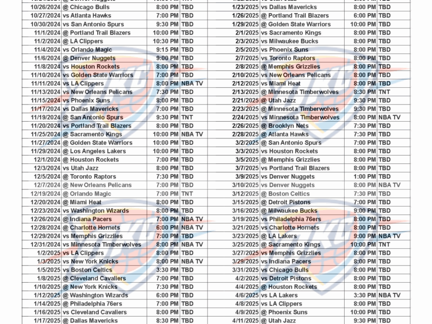 Printable 2024 25 Oklahoma City Thunder Schedule TV Broadcasts And Matchups Sports Brackets