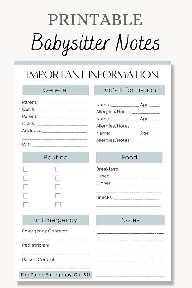 Printable Babysitter Important Information Sheet Template Nanny Notes Emergency Contact Info