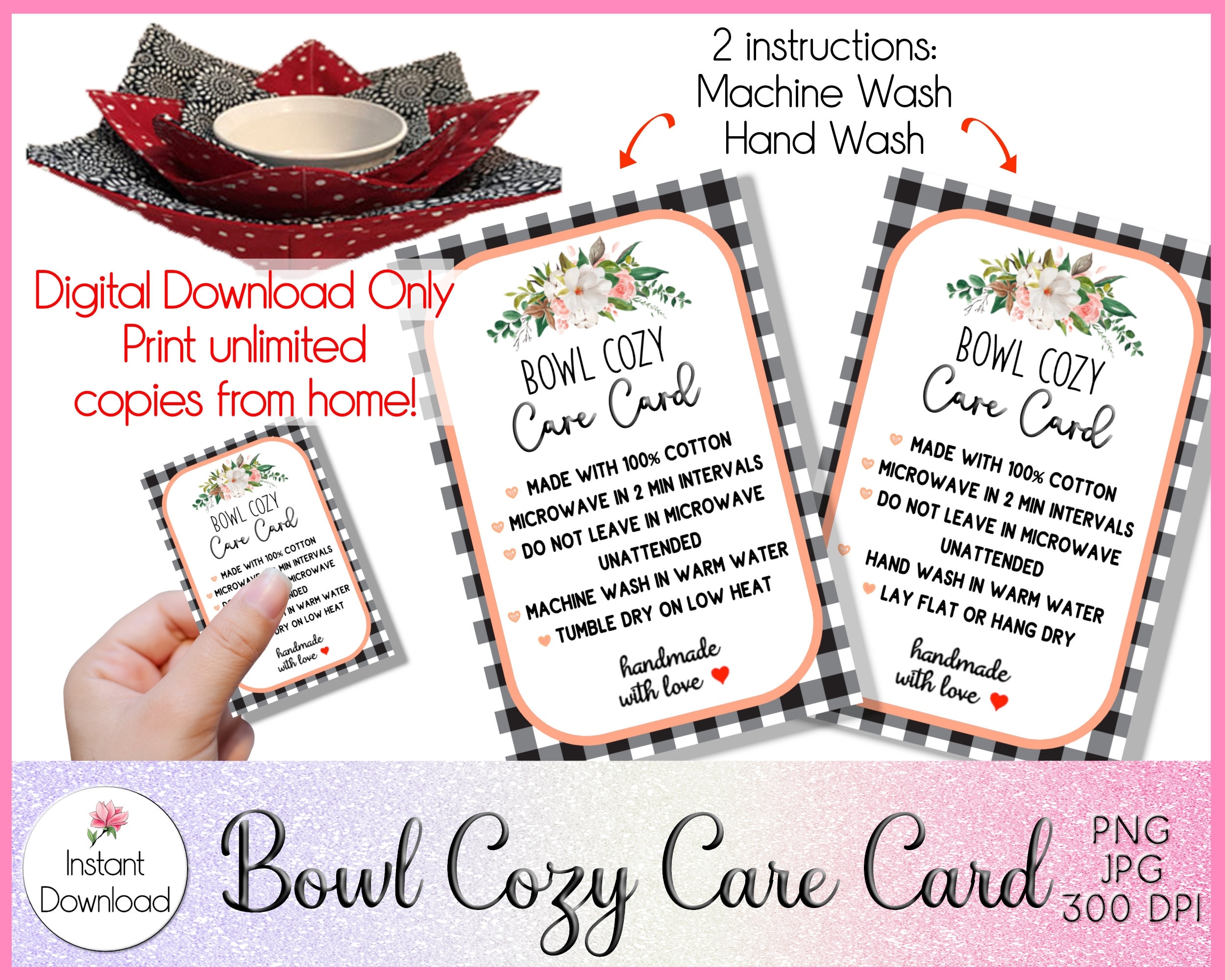 Printable Care Card For Bowl Cozy Care Card Digital Download Etsy