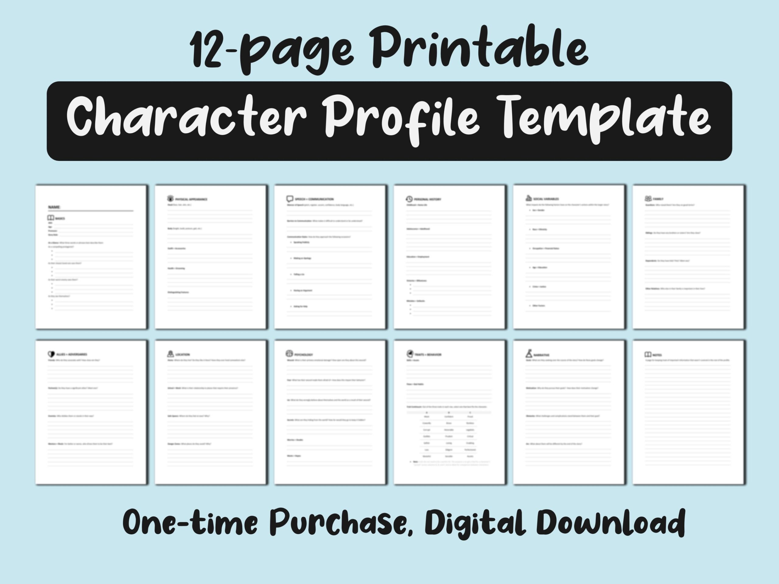 Printable Character Profile Template 12 Pages US Letter PDF Download Etsy UK