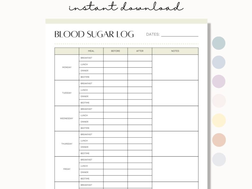 Printable Gestational Diabetes Log Blood Sugar Tracker Diabetes Log Blood Glucose Log Type 1 Diabetes Meal Log Type 2 Blood Sugar Chart Etsy